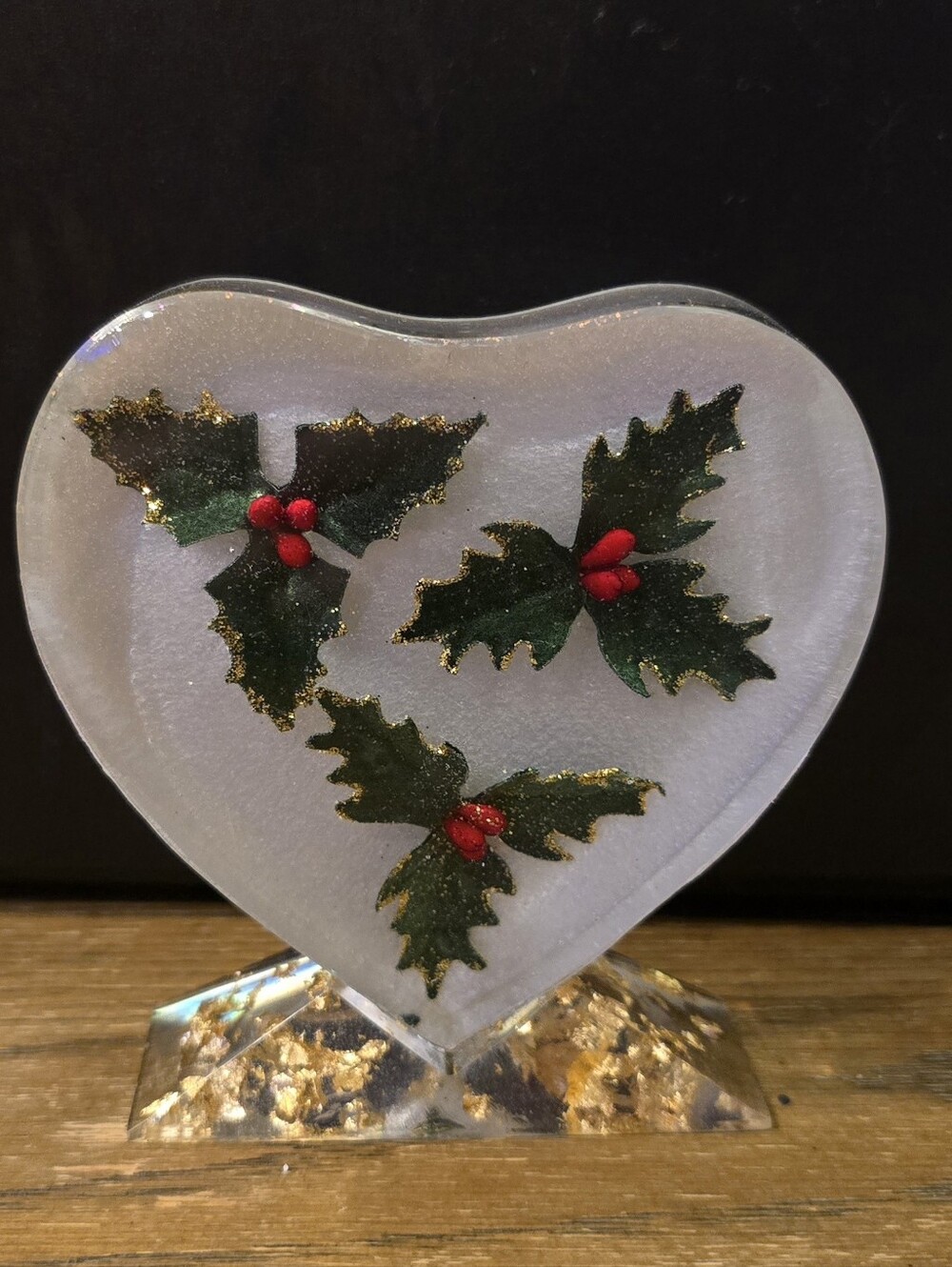 Holiday Heart Table Decor with Holly Berries - White and Green